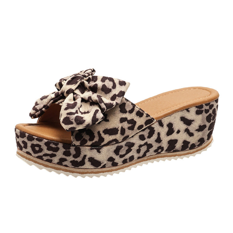 Fashion Bow Leopard Print Wedge Slippers For Women New Thick-sole High Heel Flat Shoes Summer Outdoor Fish Mouth Slippers