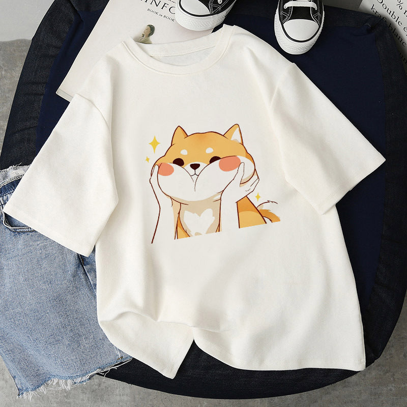 Fashion Simple Cartoon Cat Pinch Face Funny Print Pattern Top