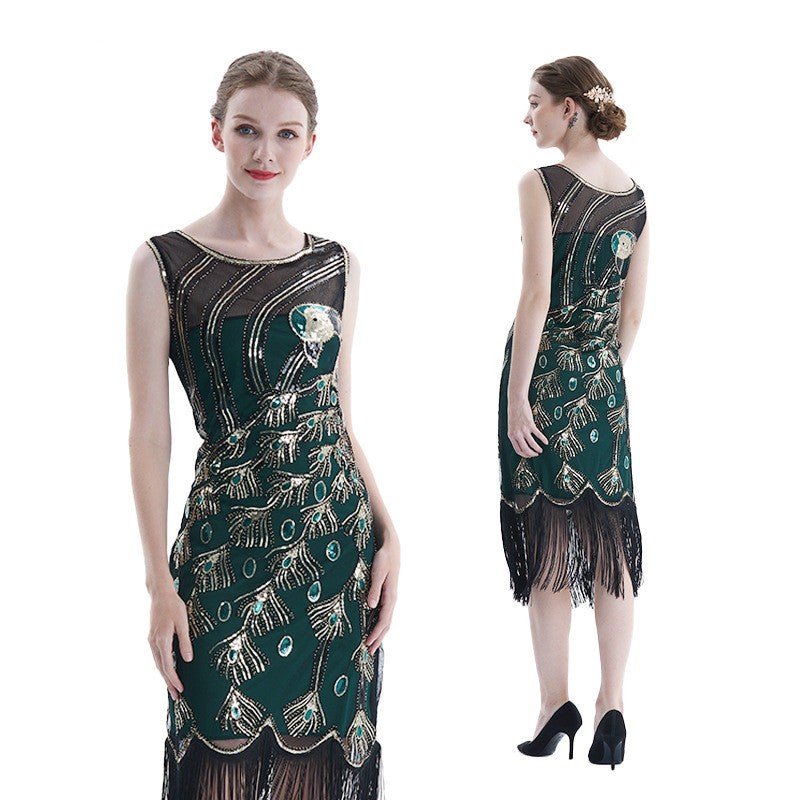 Women's Sequined Mesh Sleeveless Peacock Dress