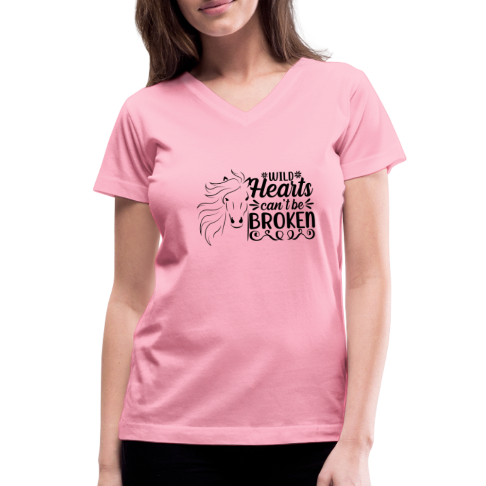 Women's V-Neck T-Shirt-pink-wild hearts-love horse - pink